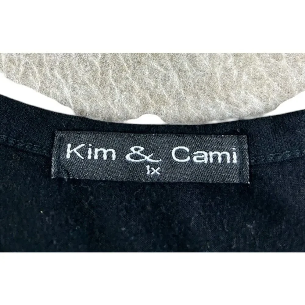 Kim & Cami Black Blouse Sz 1X Embroidered Floral Flutter Short Sleeves Top - Picture 3 of 5